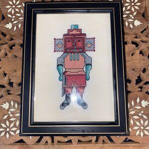 Vintage Native American Cross-Stitched Hopi Kachina Figure Framed Artwork. USA.